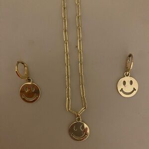 Gold Smiley Face Earring and Necklace Set